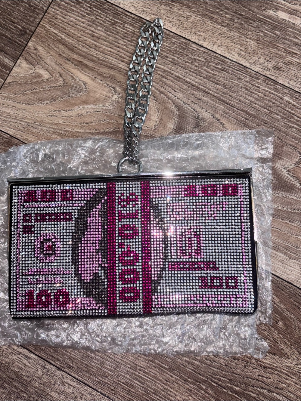 AKIRA Pink Crystal Money Bill Clutch with Silver Chain Strap
